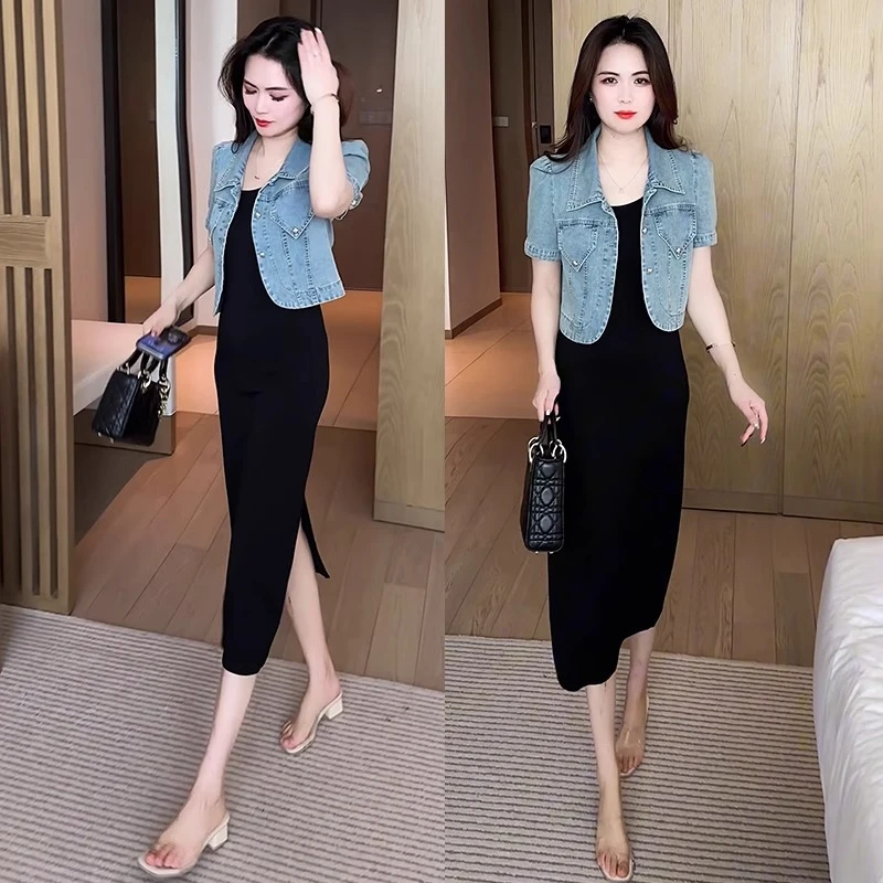 夏天连衣裙女2025新款时尚百搭显瘦短袖牛仔黑色吊带裙洋气两件套