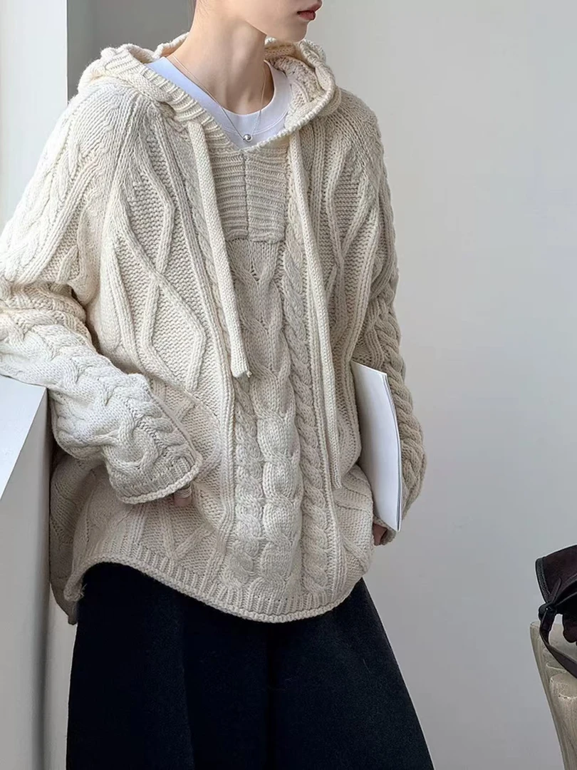 欧货粗线连帽麻花慵懒风毛衣