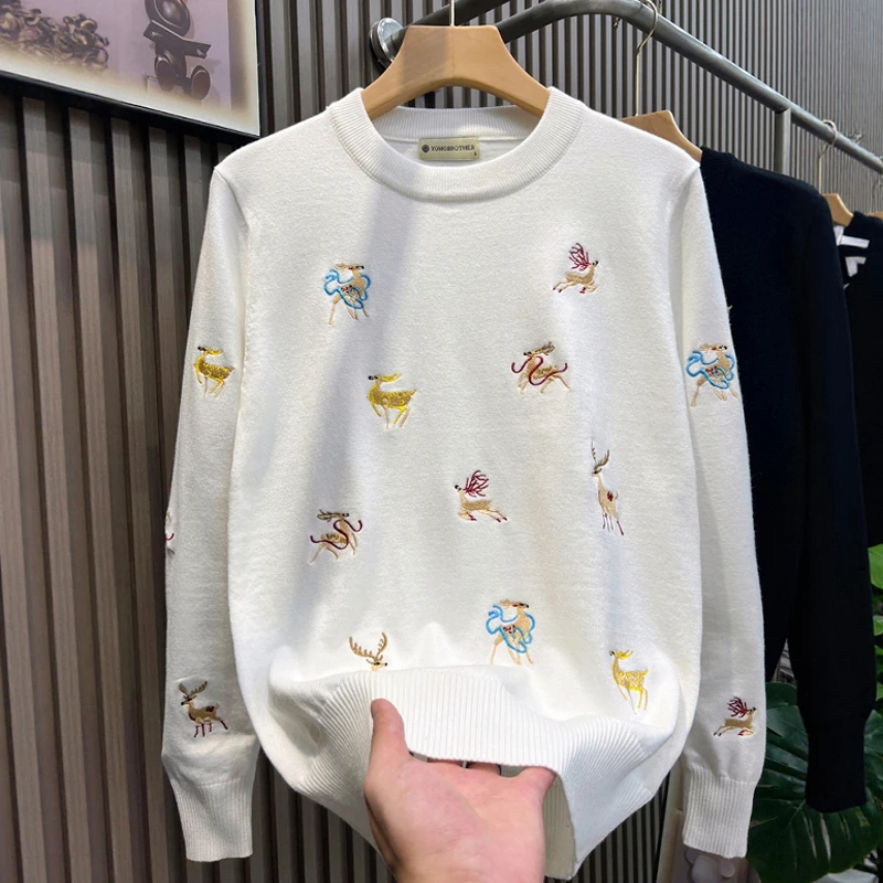 设计感男装毛衣秋冬季内穿针织衫轻奢风个性七彩麋鹿刺绣圆领上衣