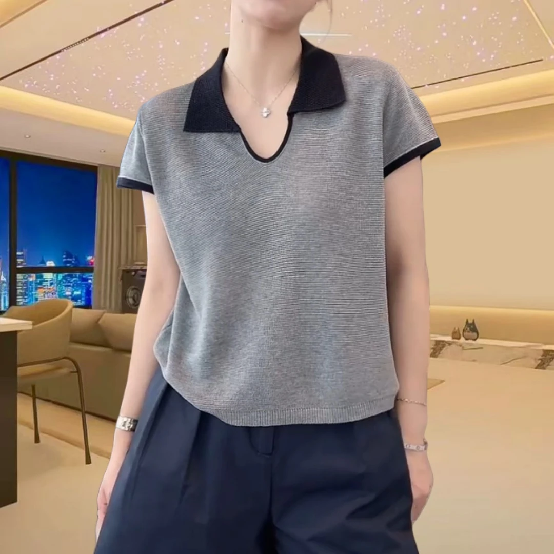 2025夏季新款韩版方领百搭修身时尚飞飞袖拼色翻领针织衫短袖