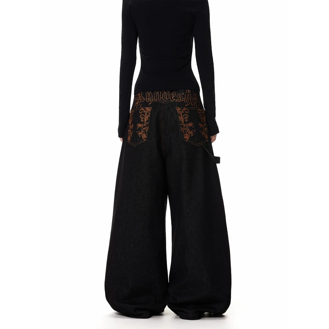 美式复古创意刺绣弯刀牛仔裤男女宽松休闲简约设计感百搭阔腿长裤