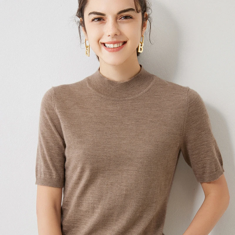 女士精纺100%羊绒平面半高领短袖羊绒天花板包边收腰工艺简约百搭