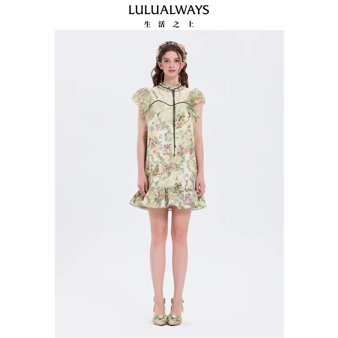 LULUALWAYS我爱露露25夏季新款清新甜美法式直筒蕾丝荷叶边连衣裙