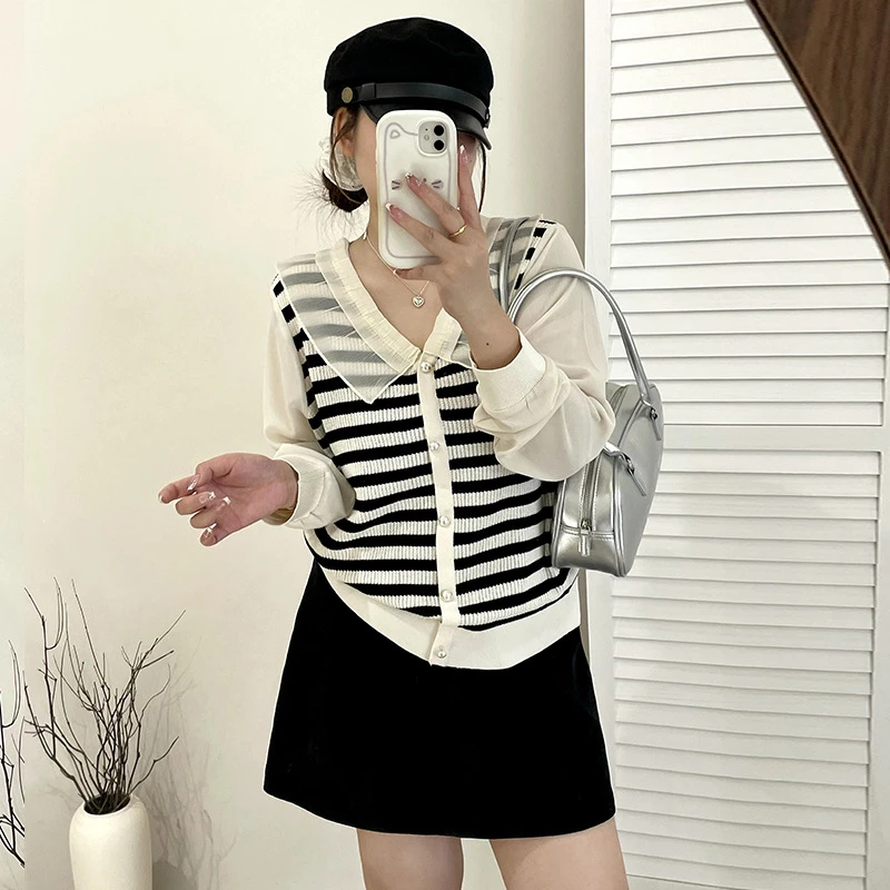 大码女装蕾丝娃娃领上衣女显瘦条纹衫2025秋胖mm冰丝针织衫22615