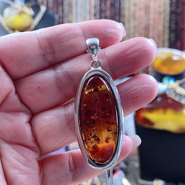 琥珀颈饰银S925镶嵌吊坠