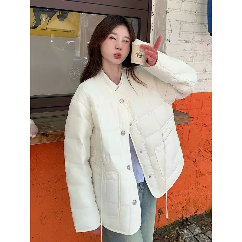 羽绒女单排扣极简风米白羊羔毛小香风女士加厚轻薄