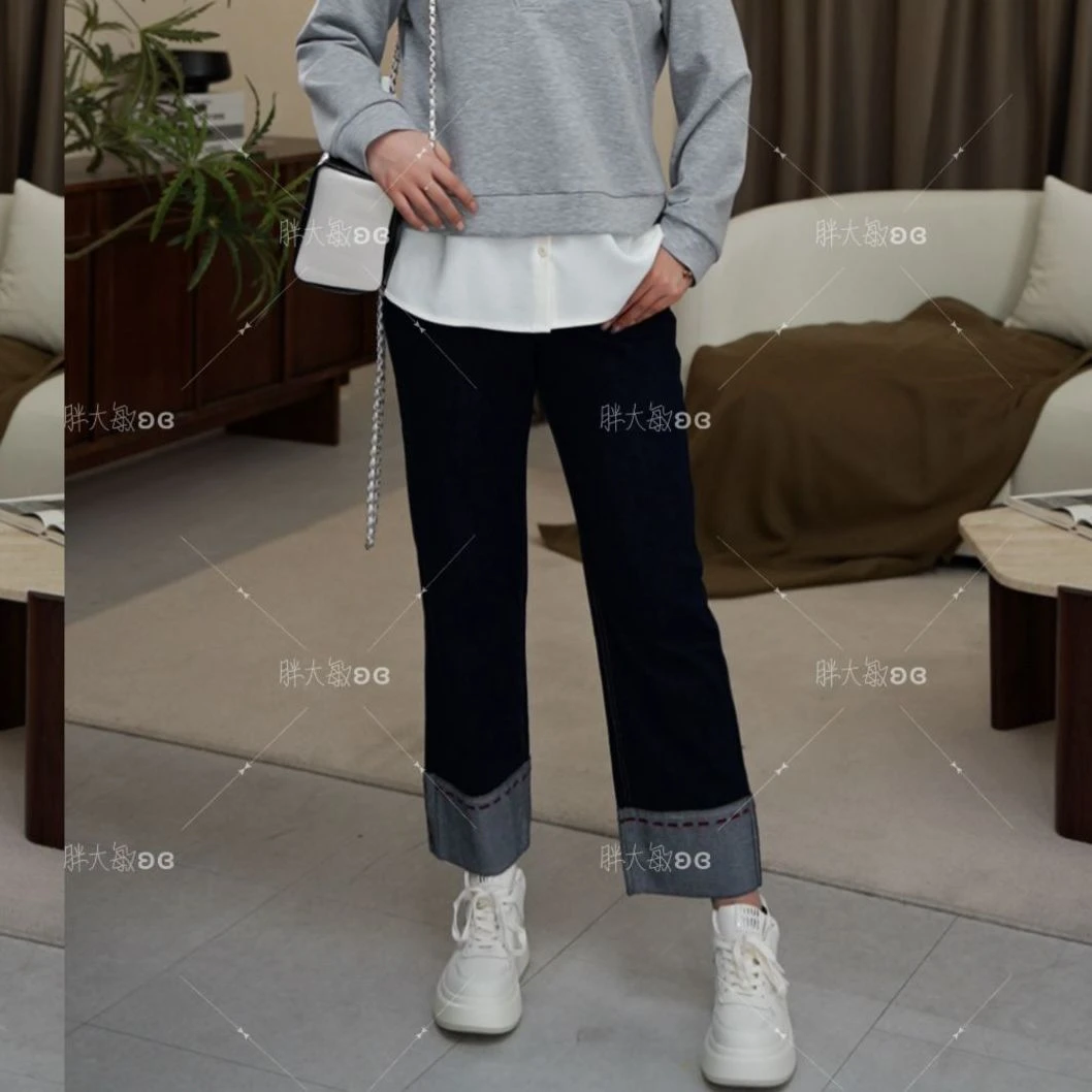 【现货裤子】PDM22488秋季高腰显瘦翻边直筒大码女装牛仔裤