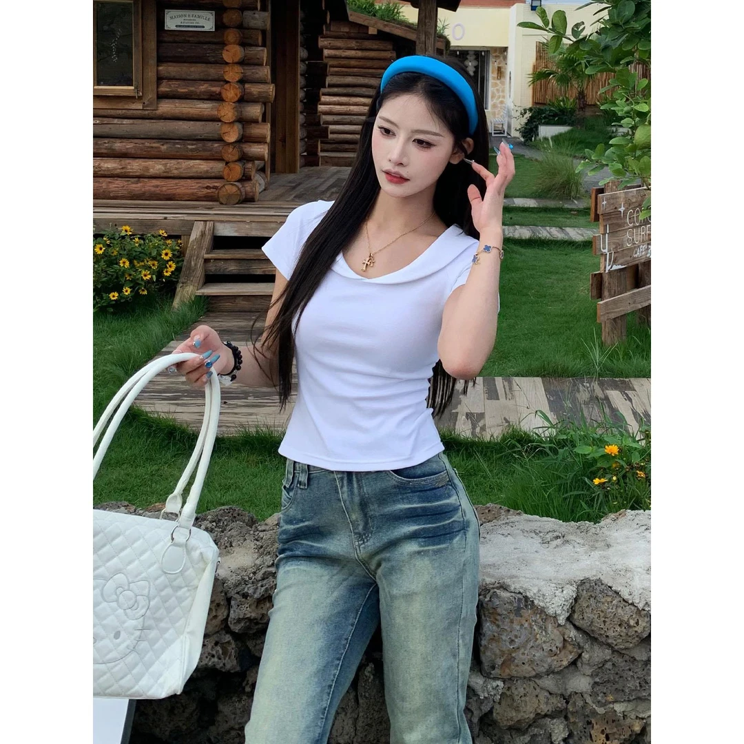 原创设计Miu系白色娃娃领正肩短袖T恤女夏季纯欲修身短款上衣