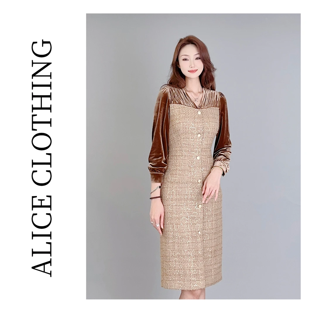 [alicelulu] “盖茨比晚宴”连衣裙 香风拼接 华美丝绒 S2136089Q