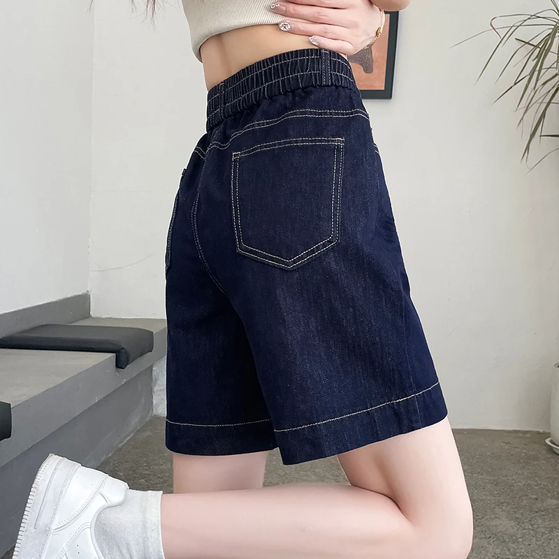 天丝牛仔短裤女夏季薄款2025新款松紧腰大码胖mm宽松直筒五分裤子