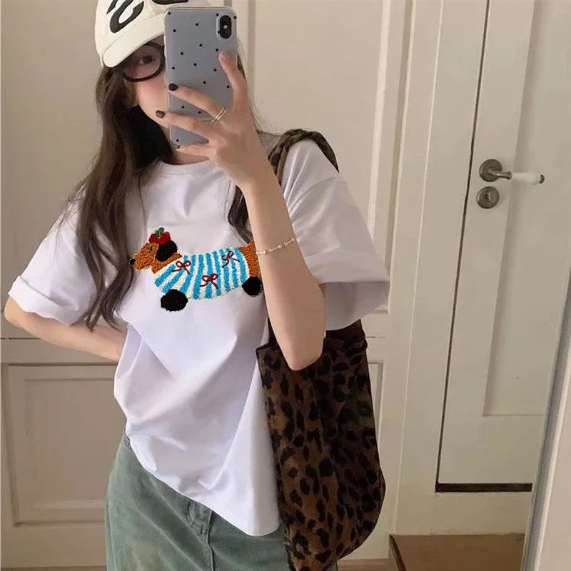 美式高街纯棉白色短袖T恤女夏季2025新款宽松小众设计感情侣上衣