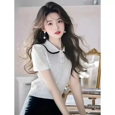 韩系黑色针织短袖女装2025春季新款富家千金设计感气质百搭小T恤