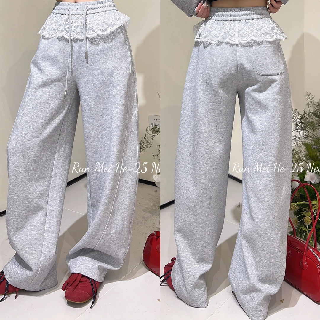 【早春新款】高腰蕾丝花边休闲直筒阔腿弯刀卫裤 6518