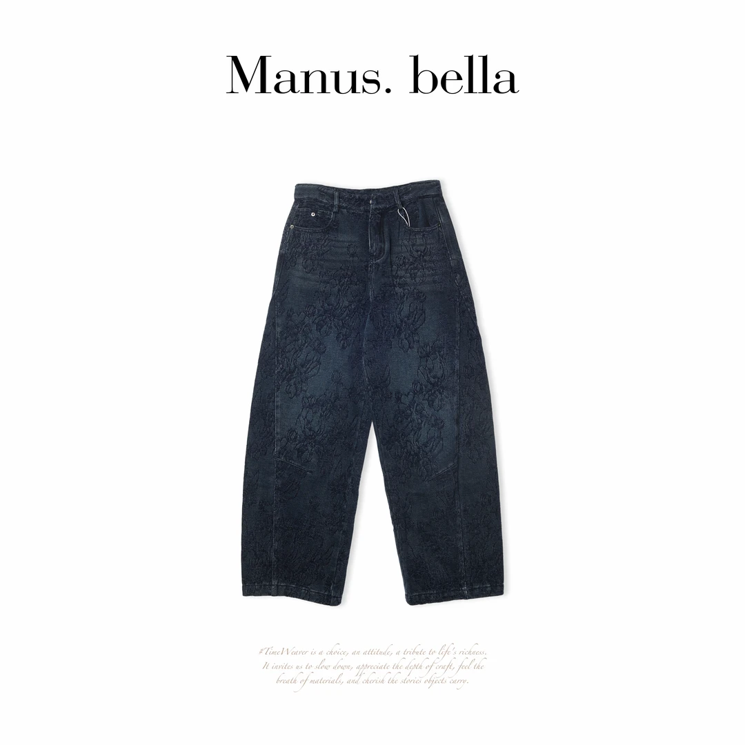 Manus Bella-秋冬季韩系提花丝绒一体织花细绒牛仔裤8030