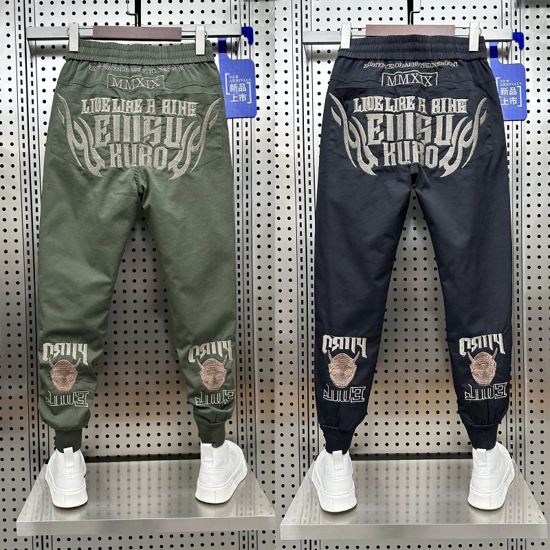 欧洲站潮牌个性刺绣束脚休闲裤男欧货春秋小脚九分裤松紧腰运动裤