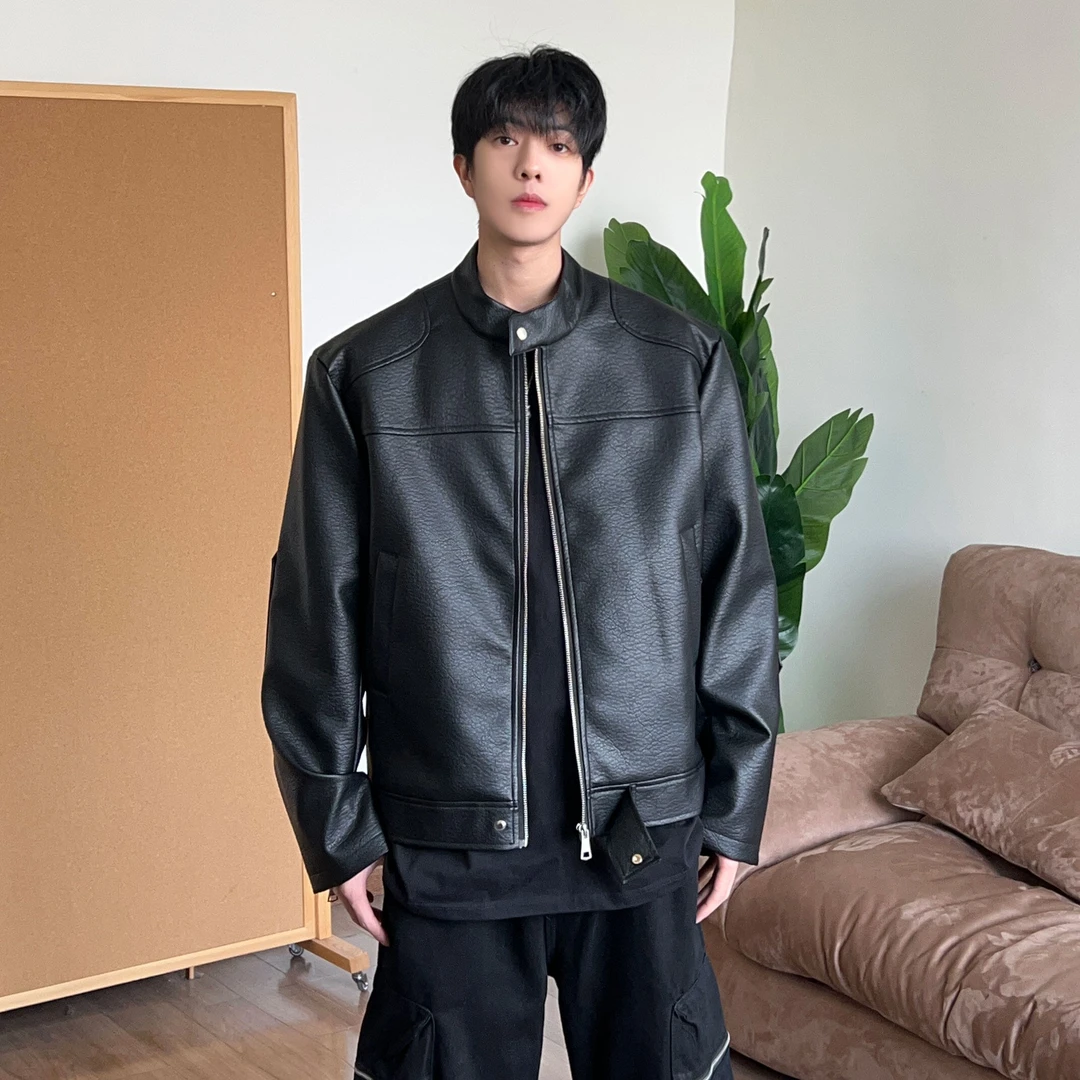 机车风立领pu皮衣外套男款春秋美式高街潮牌高级感痞帅骑行服夹克