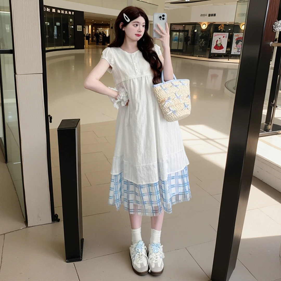 孕妇装夏季法式甜美白色连衣裙2025新款时尚温柔风格子拼接孕妇裙