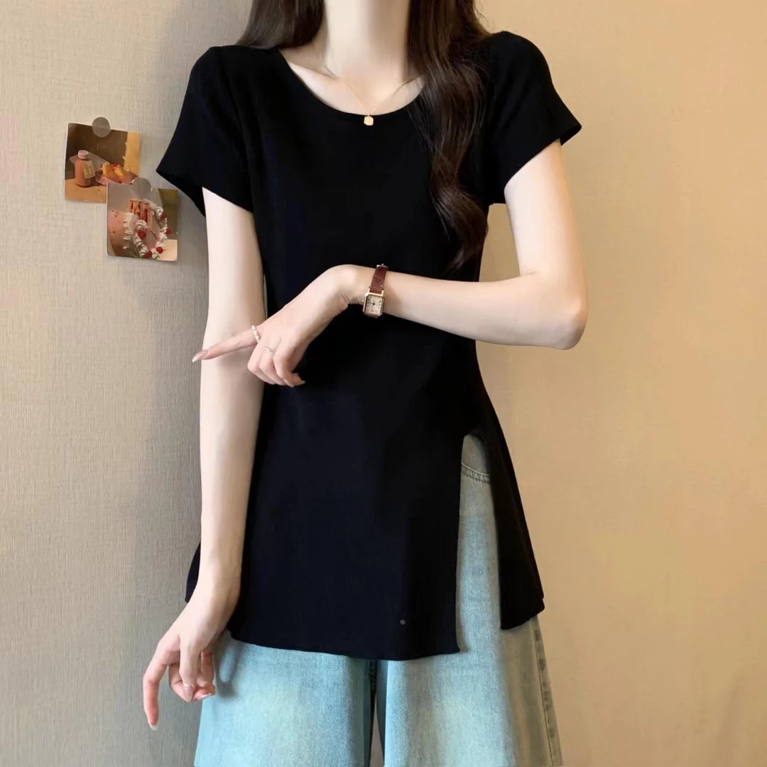 杜拉妮法式u领正肩黑色短袖T恤女夏大码胖mm收腰显瘦中长款开叉针