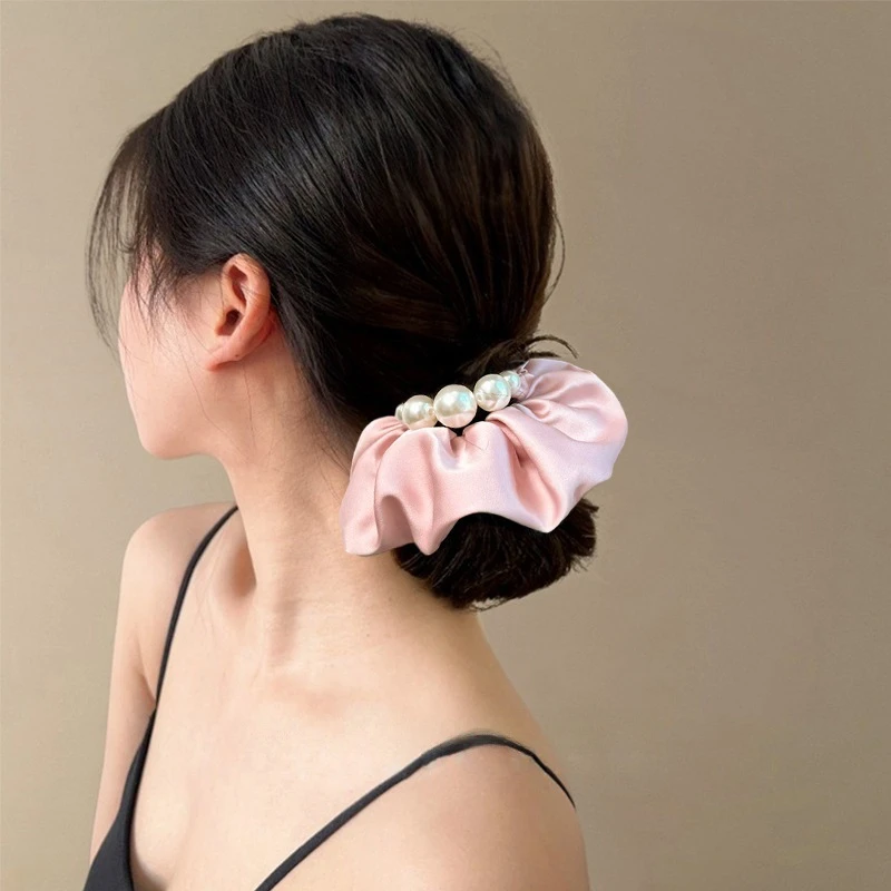 奶油海蓝~韩版缎面珍珠边大肠发圈气质温柔低马尾感旅行皮筋