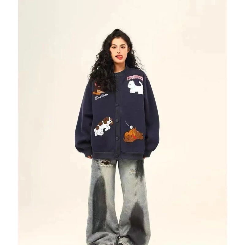 秋冬加绒小狗刺绣纽扣开衫卫衣女港风复古情侣宽松百搭上衣外套潮