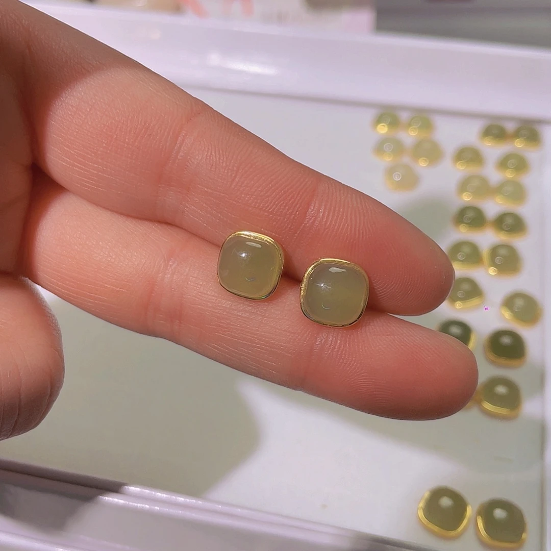 和田玉耳饰银S925镀金镶嵌