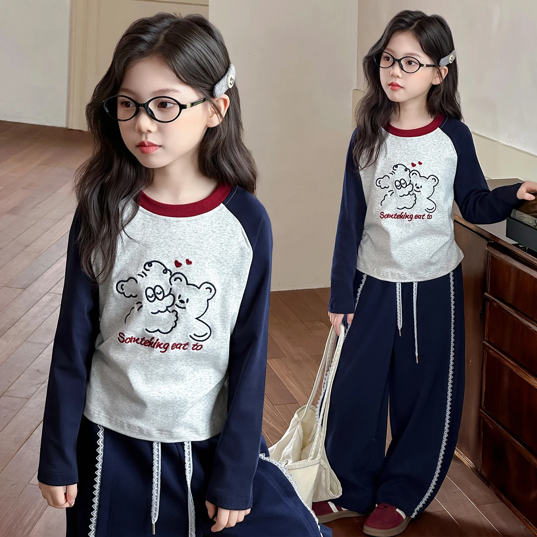 女童秋季套装2025新款儿童洋气时髦韩系撞色T恤花边卫裤春秋套装