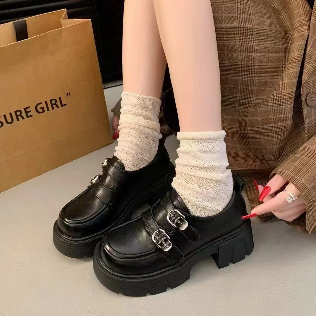 82017-38#L 厚底小皮鞋女新款乐福鞋子棕色粗跟增高跟玛丽珍单鞋