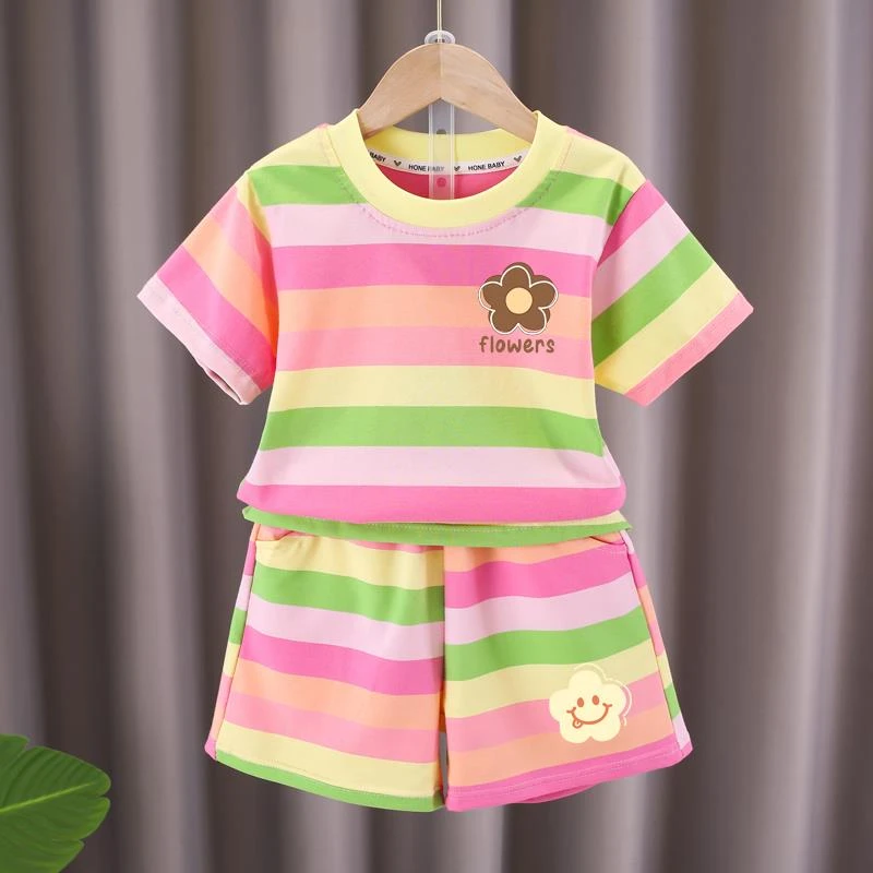 范哲萨女童夏季两件套装2025新款洋气女孩纯棉短袖短裤夏款衣服儿