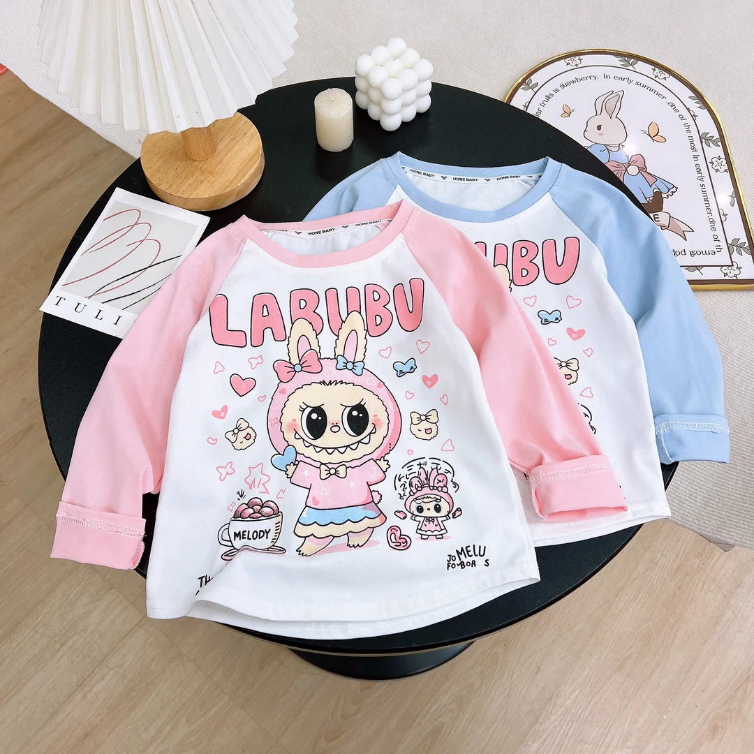 卡通拉布布女童长袖t恤春秋季女孩圆领撞色多巴胺打底衫儿童上衣