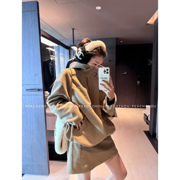 『PEACHZHOU』超细摇粒绒宽松连帽拉链外套松紧腰A字半身裙休闲套装