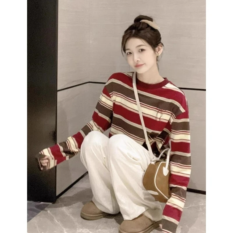 美式复古条纹圆领恤女秋冬内搭氛围感宽松针织衫卫衣圣诞节上衣