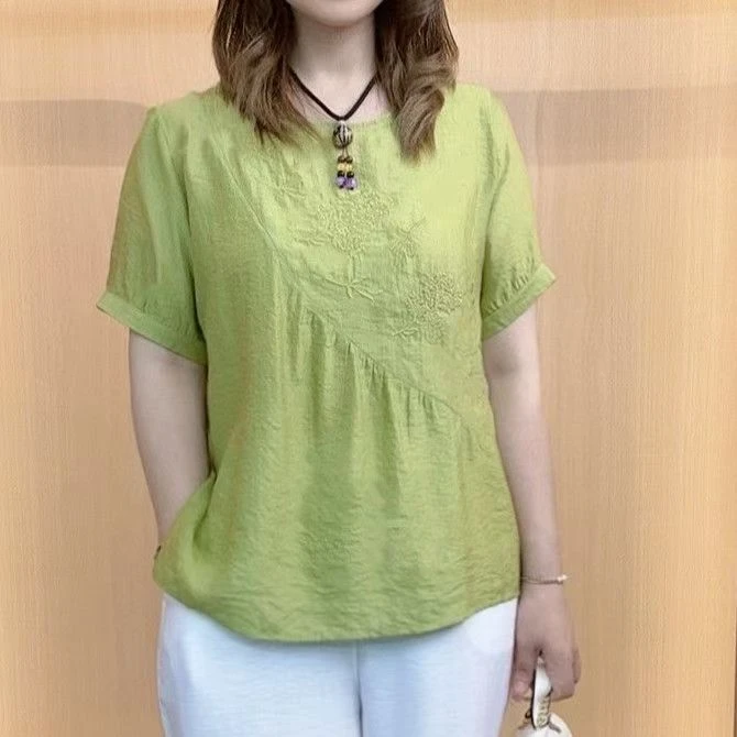 2025夏季新款冰丝刺绣百搭宽松妈妈上衣小衫薄款起皱冰丝皱上衣女