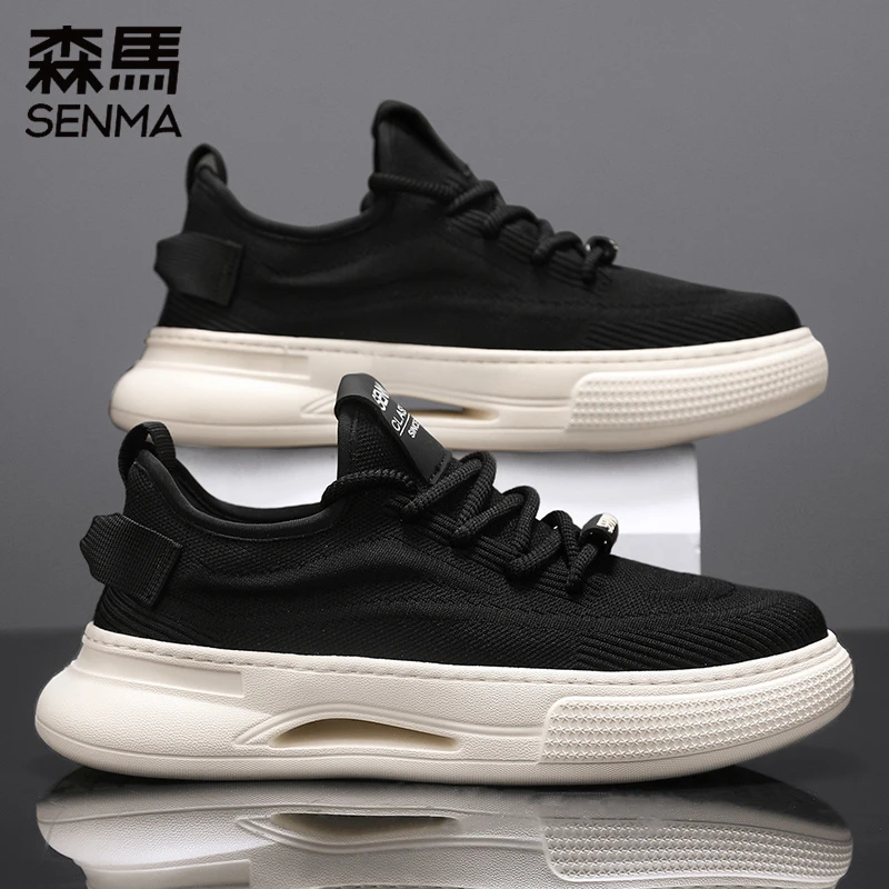 森马男鞋秋季透气网面飞织薄款运动休闲网鞋男士百搭增高黑色潮鞋