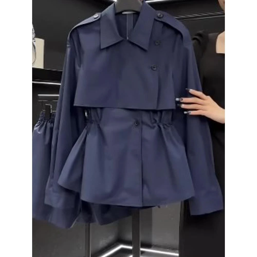 2025年早秋新款大码微胖独特超好看小个子洋气藏蓝色风衣外套女装