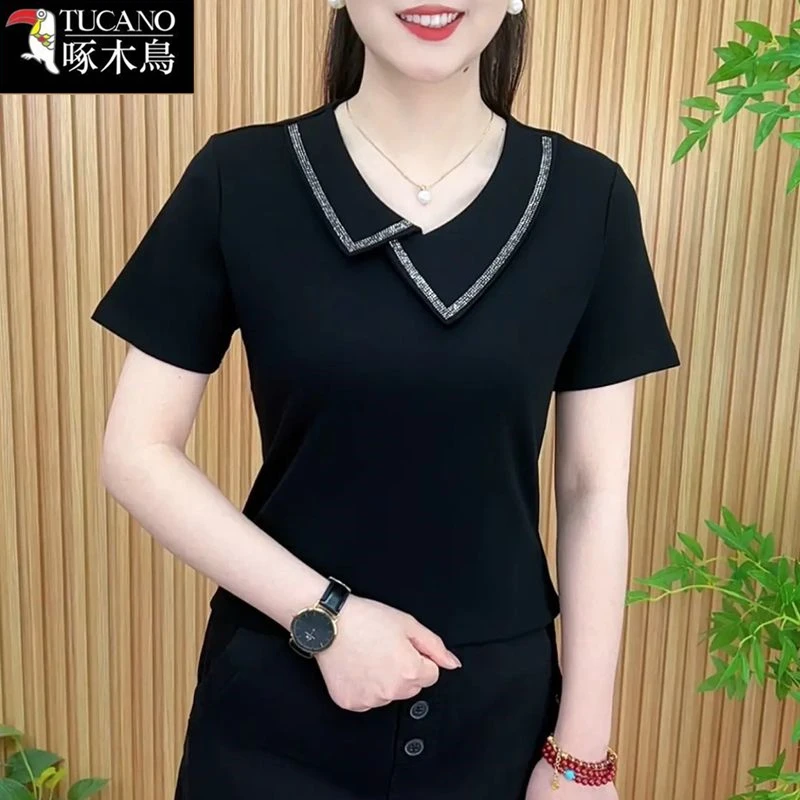 啄木鸟新款气质纯色打底t恤女士减龄翻领2025年夏季修身显瘦上衣