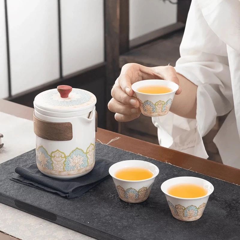 莲花白瓷便携快客杯手抓壶一壶三杯带茶盘H196