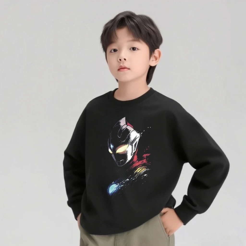 男童纯棉卡通奥特曼印花黑色长袖休闲春秋装中大童潮酷打底衫T恤