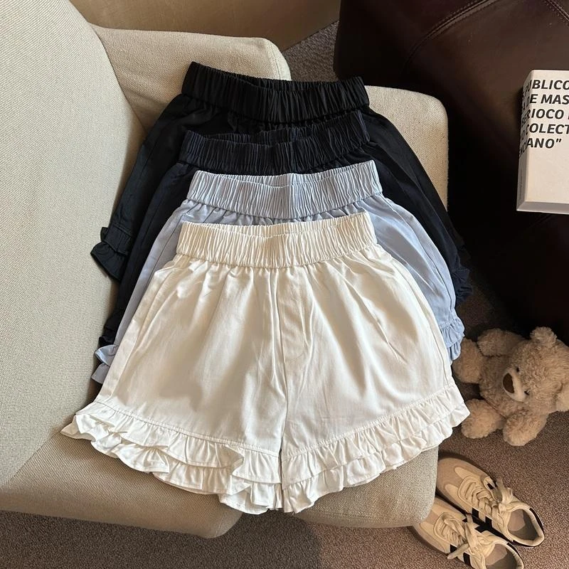 韩版气质甜美风木耳边短裤拼接高腰设计感显瘦百搭纯色阔腿热裤子