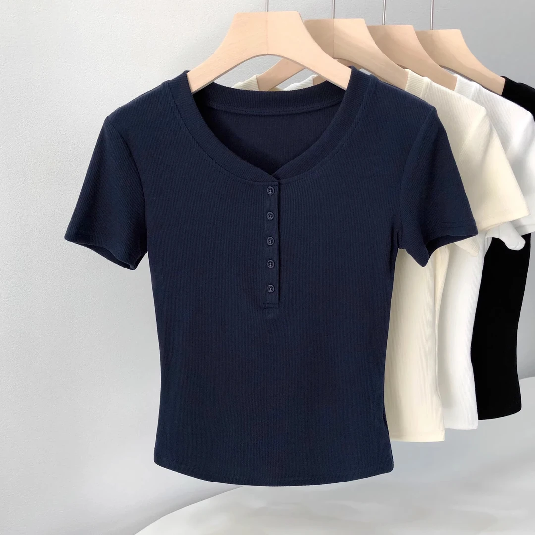 亨利衫短袖T恤女 2025夏季螺纹圆领正肩纽扣修身短款上衣纯色