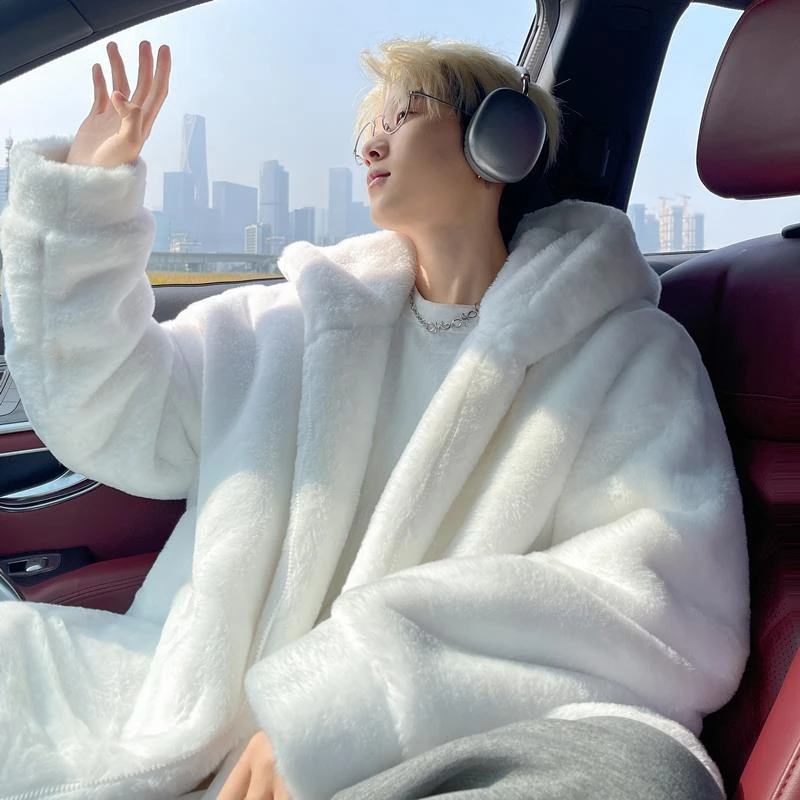 コーデュロイの潮牌兔毛百搭男衣外套男冬季设计感连帽毛茸茸男袄