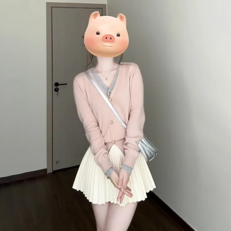 粉色假两件针织开衫女装秋冬2024新款韩系chic上衣慵懒风毛衣外套