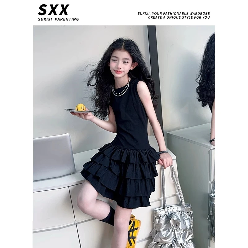 2025女童装夏季新款韩版时尚休闲百搭黑色学院风连衣裙蛋糕连衣裙