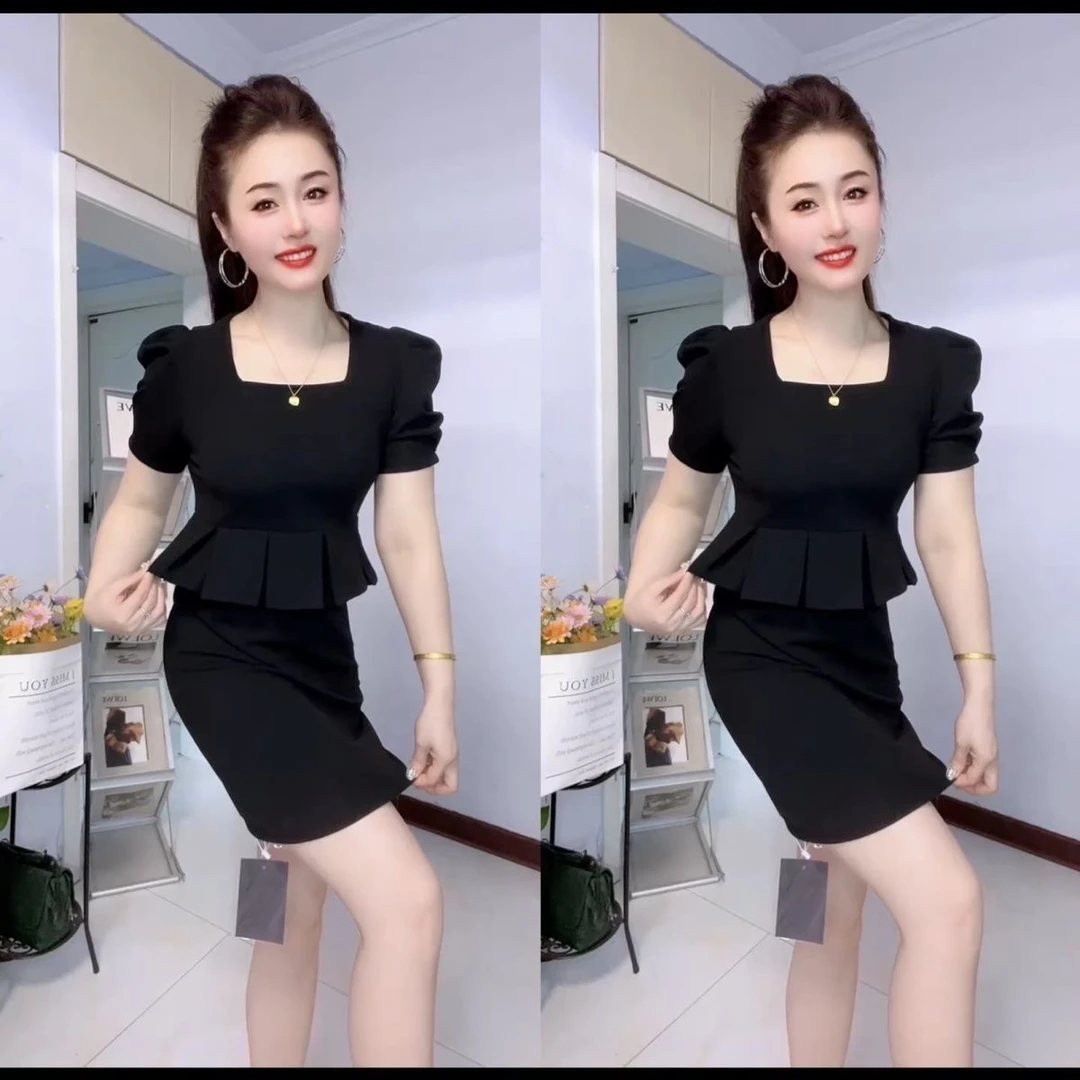 黑色方领假两件连衣裙2025夏季新款收腰显瘦时尚通勤气质