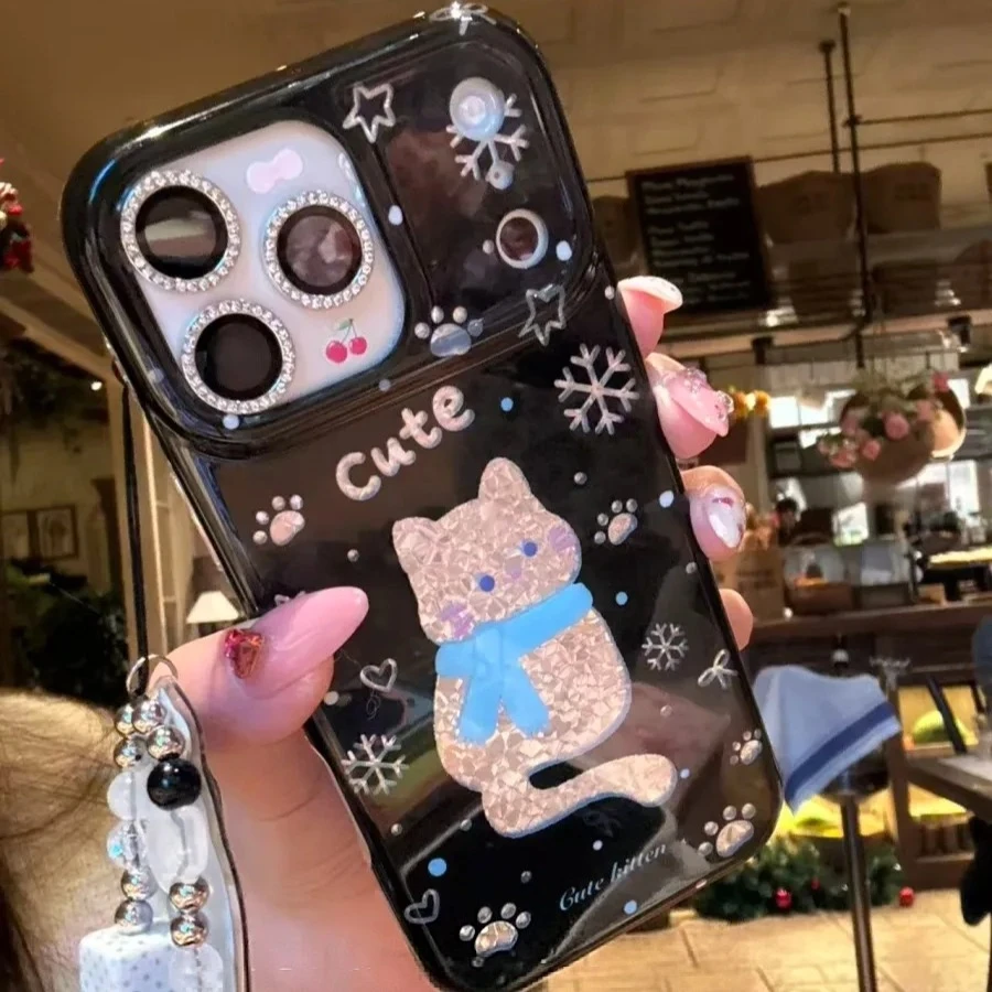 闪粉黑底围巾猫咪适用于iPhone17promax手机壳16少女15可爱14卡通