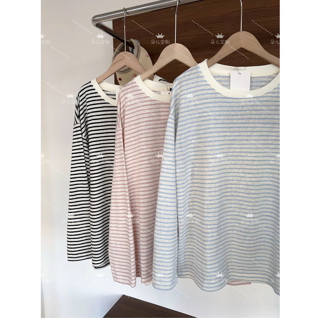 朵儿定制 字母刺绣圆领条纹长袖T 基础百搭休闲IN08