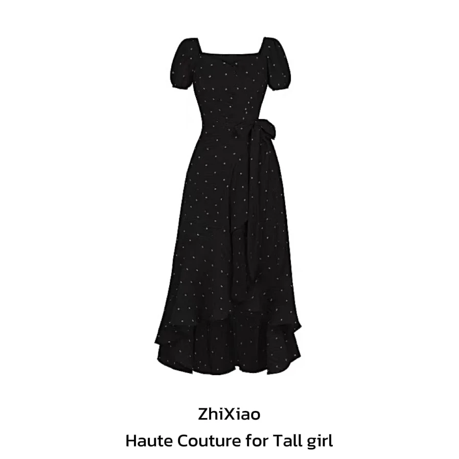 48H【西西里少女】加长波点裙不规则裙绑带法式约会连衣裙 SU326