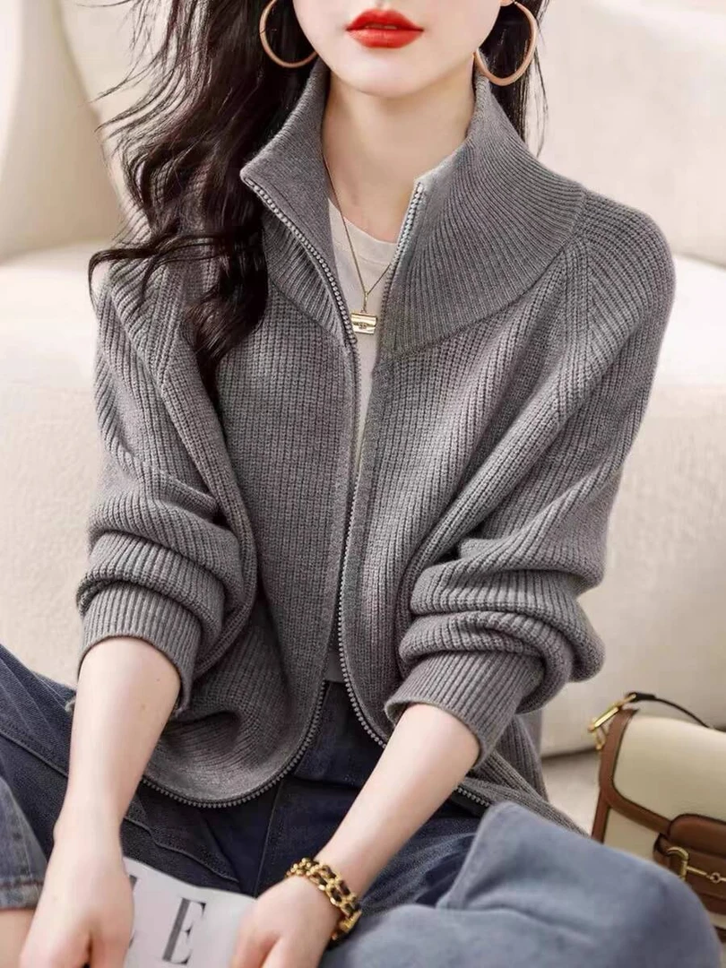 职业阿玛诗官2025秋冬新款韩版慵懒风双拉链针织开衫外套上衣女款