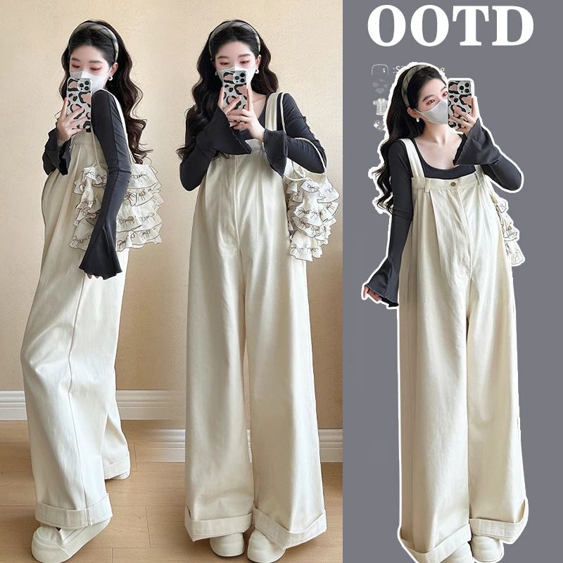 孕妇秋款2025潮流洋气水洗牛仔背带裤韩版显瘦大码打底长袖两件套