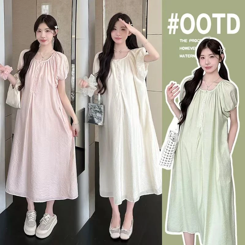 2025孕妇装仙女气质夏季宽松显瘦减龄纯色中长款孕妇连衣裙
