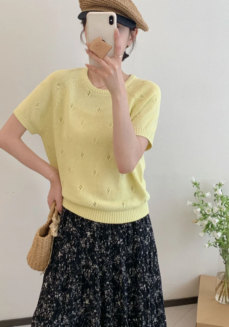 【潘潘.918893】2025年夏季新款欧若风进口和纸纱纯色短袖针织衫